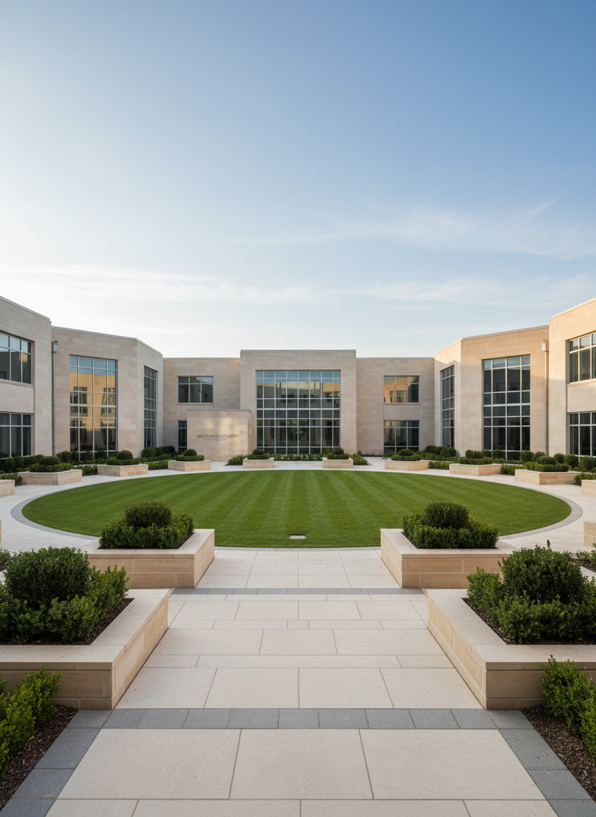 An expansive, meticulously maintained school courtyard featuring a central circular lawn bordered by wide, pale-stone walkways and low, symmetrical planters filled with trimmed boxwood shrubs. Surrounding academic buildings rise in clean lines of light sandstone and glass, their tall rectangular windows reflecting a clear, soft-blue sky. Discreet signage with the school name appears in brushed metal on a stone wall near the entrance. Late-afternoon natural light creates long, understated shadows and gentle contrast, emphasizing the geometry of the space. Captured from a slightly elevated angle using the rule of thirds, the image has crisp detail from foreground paving textures to distant architectural elements. The atmosphere is welcoming yet disciplined, with a professional, corporate-campus feel rendered in photographic realism and neutral, harmonious tones.