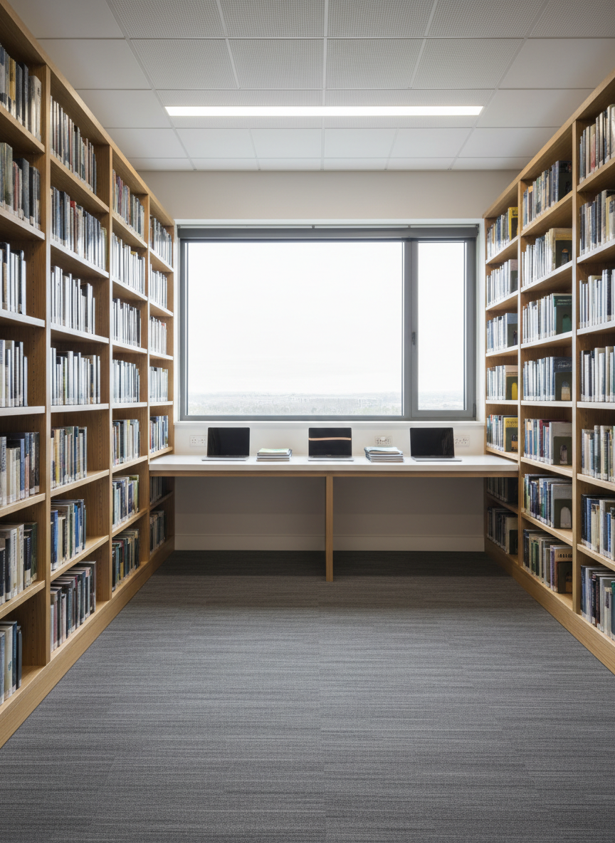 A neatly organized library corner with floor-to-ceiling shelves in light oak, filled with evenly spaced, neutral-colored book spines accented by occasional muted blues and greens. A central built-in study counter in smooth white laminate runs beneath a horizontal window, where soft overcast daylight filters through, diffusing across the surfaces. A few closed laptops and stacked notebooks rest precisely along the counter, each aligned parallel to the edge. The floor is a low-pile gray carpet with subtle linear patterns, reinforcing the structured feel. Photographed from a slightly wide-angle, eye-level viewpoint, the composition emphasizes symmetry and calm order. The atmosphere is contemplative and disciplined, suggesting scholarship and quiet focus in a private school setting, rendered in clean, photographic realism with a corporate, professional tone.