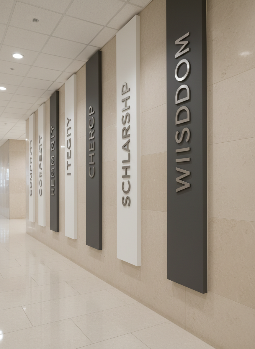 A refined hallway display showcasing the school’s core values, with tall, vertical panels of matte white and soft charcoal gray mounted along a smooth, light-stone corridor wall. Each panel features a single, elegantly typeset word like “Wisdom,” “Integrity,” or “Scholarship” in understated metallic lettering. Recessed ceiling lights cast even, downward illumination, creating gentle gradients of light and barely-there shadows at the panel edges. The polished tile floor reflects softened contours of the panels, adding depth without distraction. Shot from a low, receding perspective that leads the eye down the corridor, the composition uses strong linear lines and vanishing point to suggest direction and growth. The mood is aspirational and principled, conveying the school’s mission with a modern, corporate, photographic aesthetic.